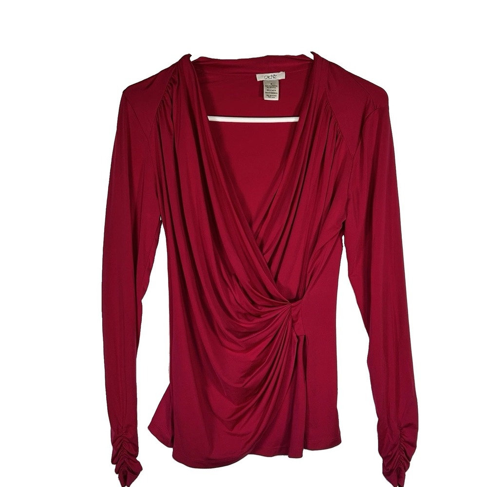 CACHE Pink Surplice Wrap Top Long Sleeve Ruched Draped V-Neck Jersey Blouse Sz M